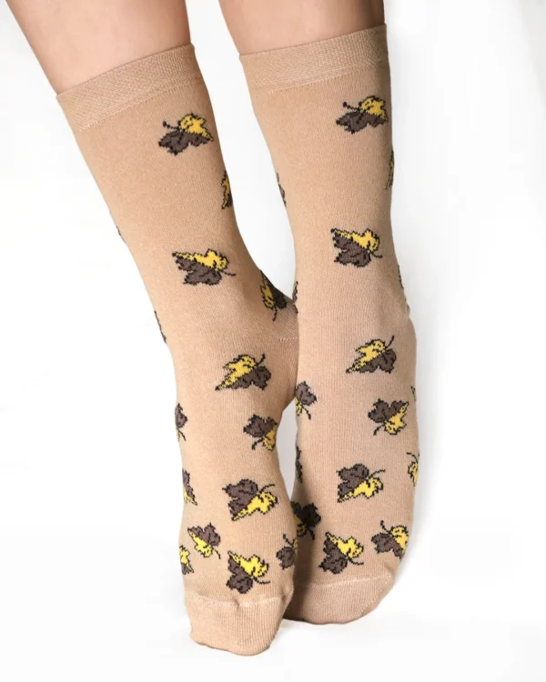 Calza-cotone-biologico- foglie cammello_DC246 Isadora