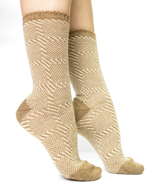 Calza-lana-merino-corto-tartan-spiga-cammello_DC230 PouleWhisper