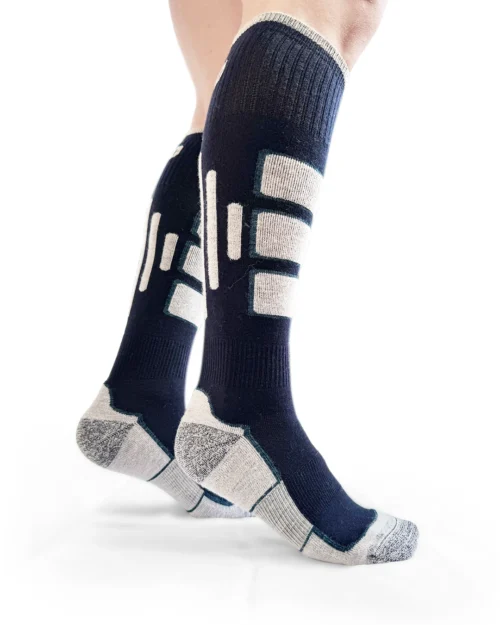 Calza-sportiva-lana-merino-gambaletto-blu scuro e bianco_UL78 Politecnica
