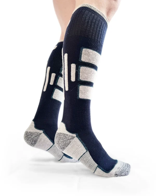 Calza-sportiva-lana-merino-gambaletto-blu scuro e bianco_UL78 Politecnica